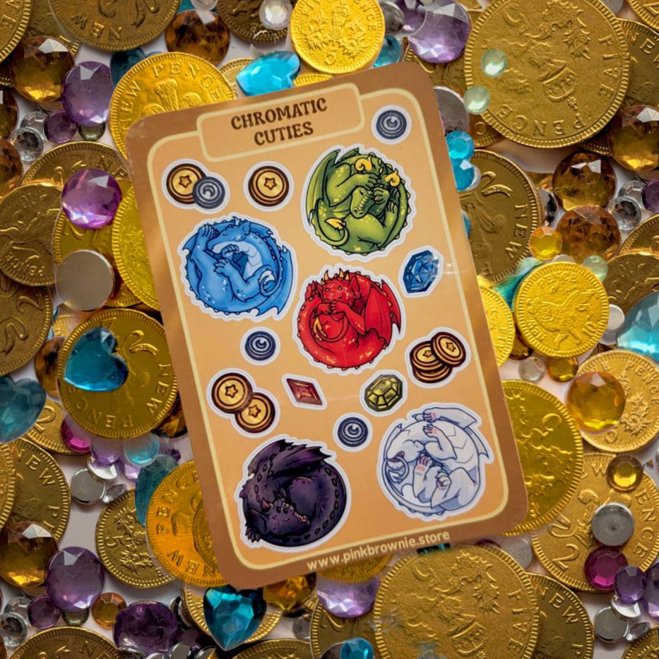 Sticker sheet of colorful dragons, surrounded by gold coins and gemstones